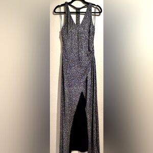 Silver Sparkly Glitter Bodycon High Slit Formal Dress NWT